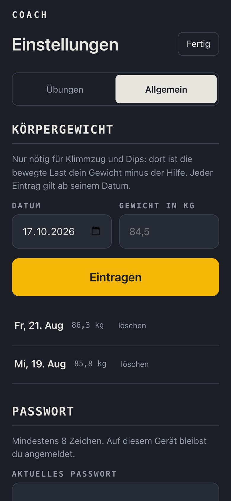 Einstellungen für Körpergewicht und Passwort