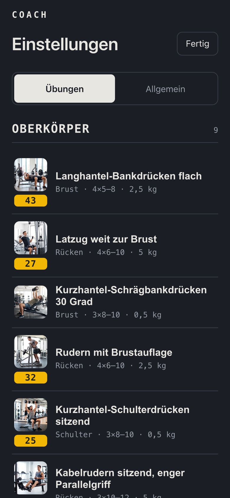 Liste aller Übungen in den Einstellungen