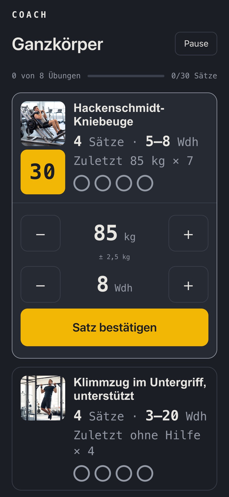 Studio-Ansicht mit Reglern für Gewicht und Wiederholungen