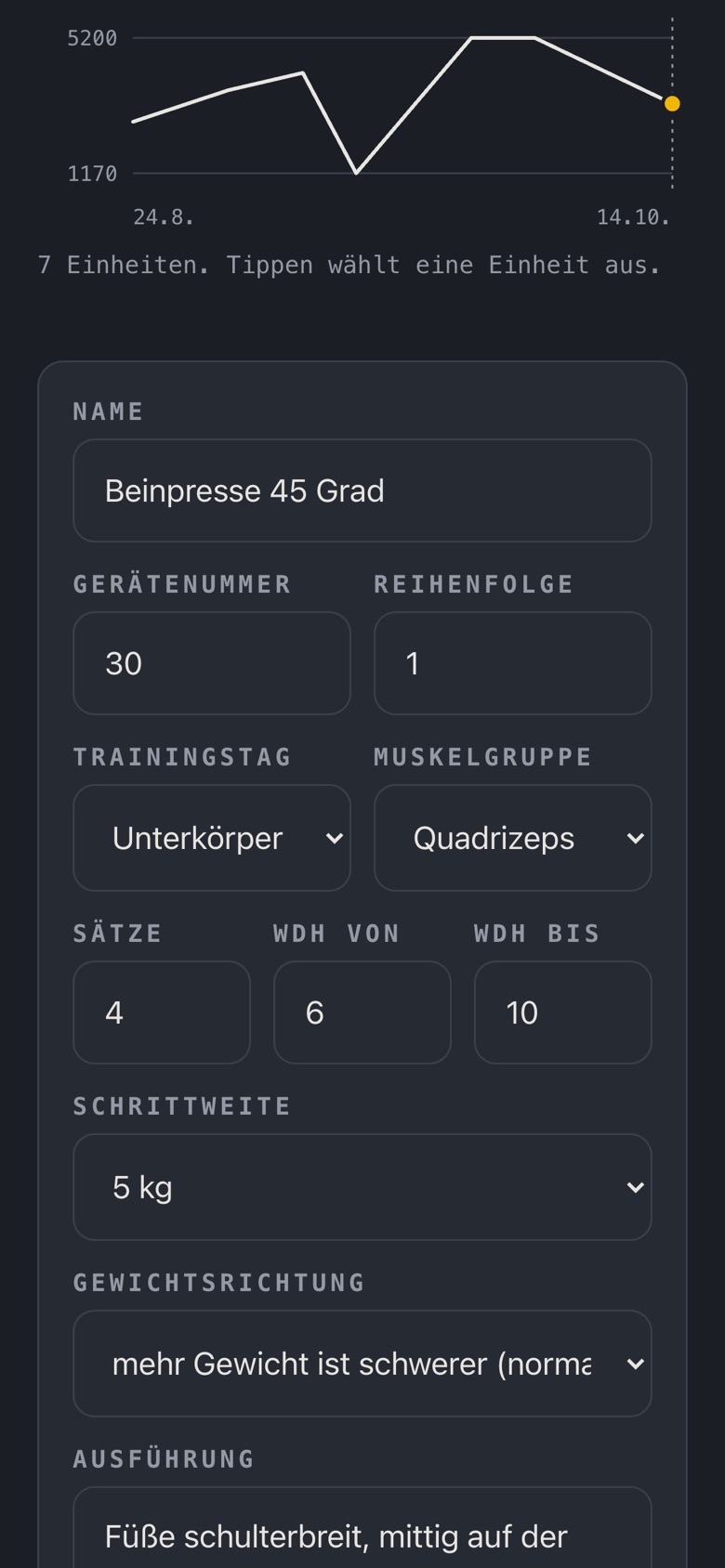 Formular zum Anpassen einer Übung